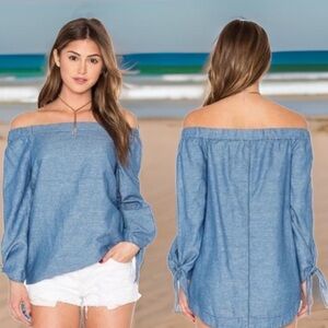 Free People Show Some Shoulder Chambray Linen Blend Blouse Size Medium